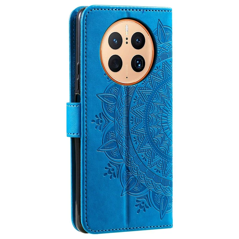 Cubierta de Teléfono Celular Anti-drop Para Huawei Mate 50 Pro 4G, Mandala Flower Patrón Impreso PU Cuero Flip Willet Stand - Azul