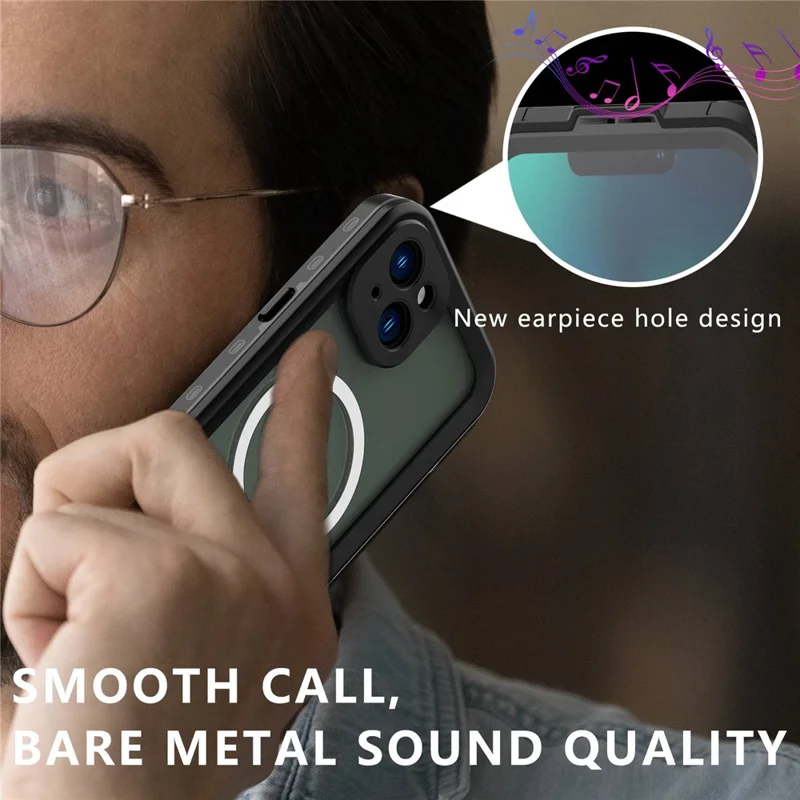 REDPEPPER Dot+ Series for iPhone 14 Plus IP68 Waterproof Clear Back Case Drop-proof Dust-proof Cover Compatible with Magsafe Charger - Black