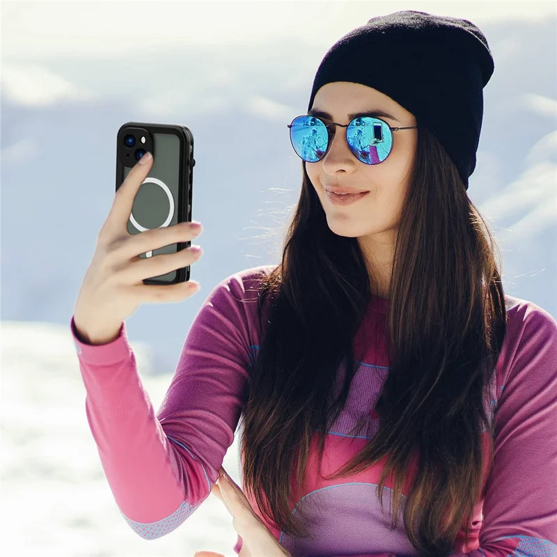 REDPEPPER Dot+ Series for iPhone 14 Plus IP68 Waterproof Clear Back Case Drop-proof Dust-proof Cover Compatible with Magsafe Charger - Black