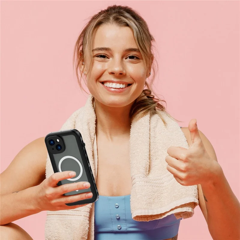 REDPEPPER Dot+ Series for iPhone 14 Plus IP68 Waterproof Clear Back Case Drop-proof Dust-proof Cover Compatible with Magsafe Charger - Black