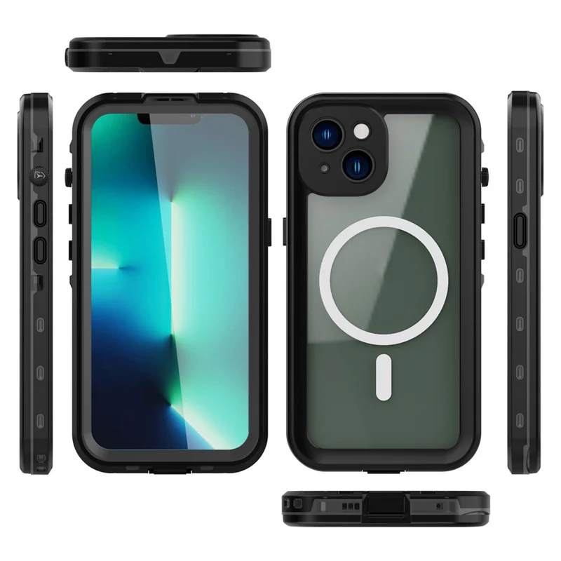 REDPEPPER Dot+ Series for iPhone 14 Plus IP68 Waterproof Clear Back Case Drop-proof Dust-proof Cover Compatible with Magsafe Charger - Black