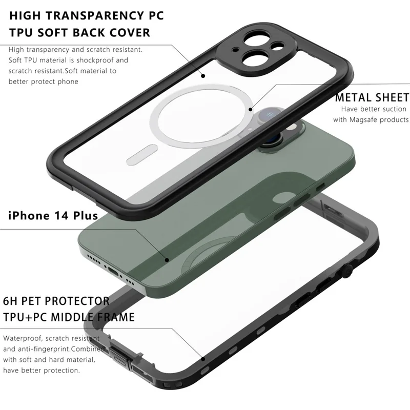 REDPEPPER Dot+ Series for iPhone 14 Plus IP68 Waterproof Clear Back Case Drop-proof Dust-proof Cover Compatible with Magsafe Charger - Black