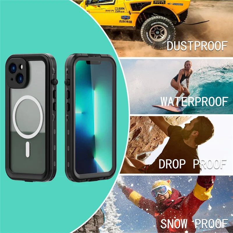 REDPEPPER Dot+ Series for iPhone 14 Plus IP68 Waterproof Clear Back Case Drop-proof Dust-proof Cover Compatible with Magsafe Charger - Black