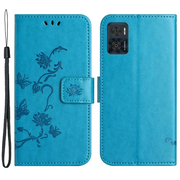 Custodia di Portafoglio Per Motorola Moto E22 4G / E22i 4G, Supporto Per il Telefono Protettivo Per la Pelle PU in Pelle di Fiore di Farfalla Con Cinturino - Blu