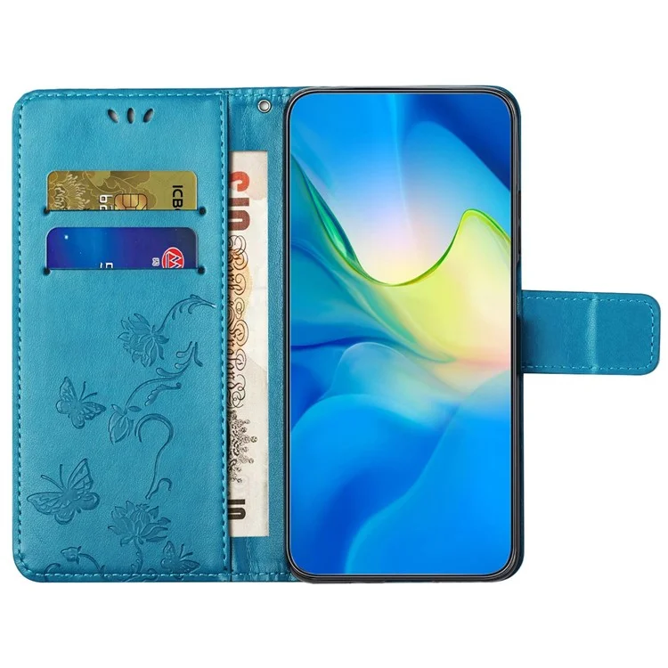 Custodia di Portafoglio Per Motorola Moto E22 4G / E22i 4G, Supporto Per il Telefono Protettivo Per la Pelle PU in Pelle di Fiore di Farfalla Con Cinturino - Blu