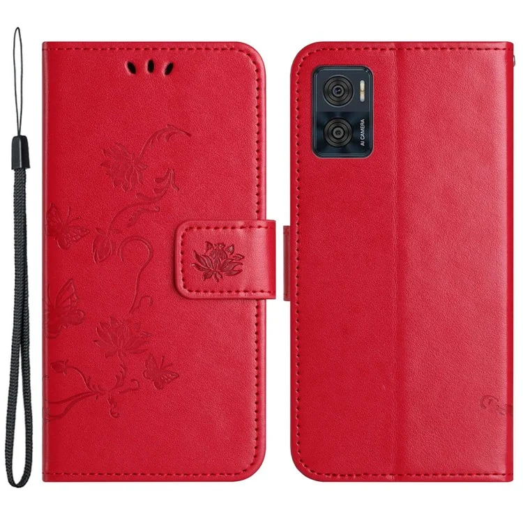 Wallet Case for Motorola Moto E22 4G / E22i 4G, Butterfly Flower Imprinted PU Leather Protective Phone Cover Stand with Strap - Red