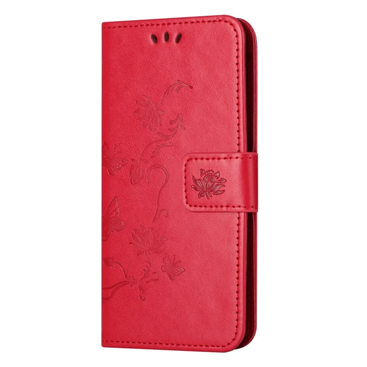 Wallet Case for Motorola Moto E22 4G / E22i 4G, Butterfly Flower Imprinted PU Leather Protective Phone Cover Stand with Strap - Red