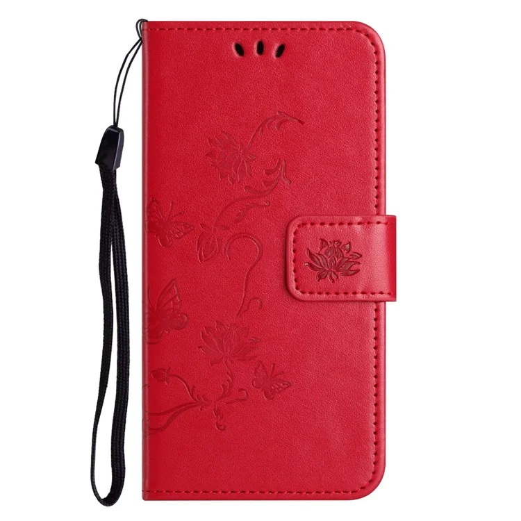 Wallet Case for Motorola Moto E22 4G / E22i 4G, Butterfly Flower Imprinted PU Leather Protective Phone Cover Stand with Strap - Red