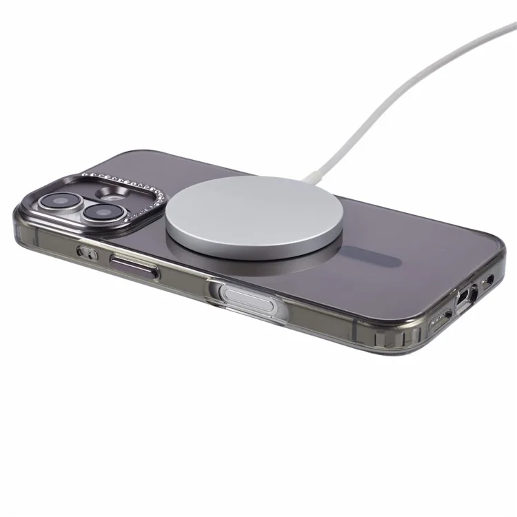Custodia per iPhone 16 Plus compatibile con MagSafe, cover posteriore per telefono in TPU+PC con decorazione in strass - Nero trasparente