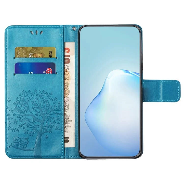 For Motorola Moto E22 4G / E22i 4G Scratch Resistant PU Leather Phone Case Imprinted Owl Tree Pattern Flip Wallet Cover Stand - Blue