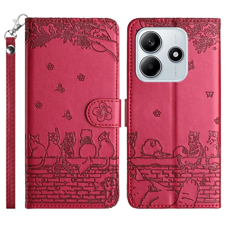 Funda para Xiaomi Redmi Note 14 5G con correa para la muñeca, funda de teléfono de cuero con patrón de gatos en la pared - Rojo