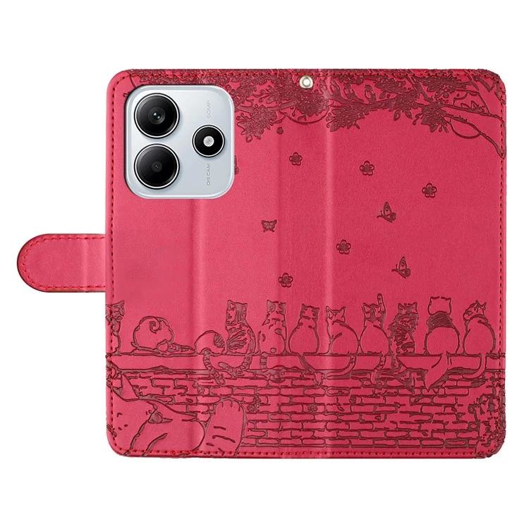 Funda para Xiaomi Redmi Note 14 5G con correa para la muñeca, funda de teléfono de cuero con patrón de gatos en la pared - Rojo