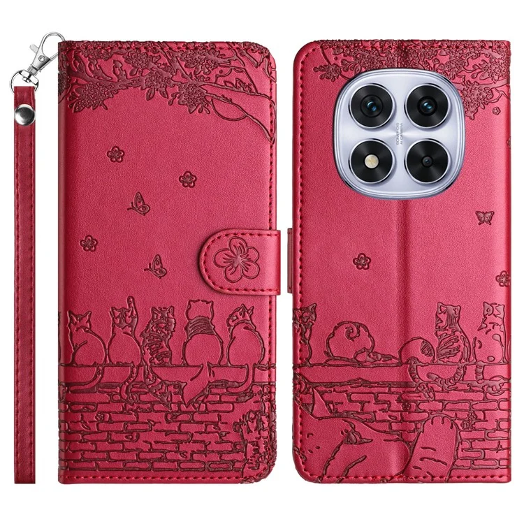 Coque pour Xiaomi Redmi Note 14 Pro 5G avec dragonne en cuir, motif chats sur le mur - Rouge