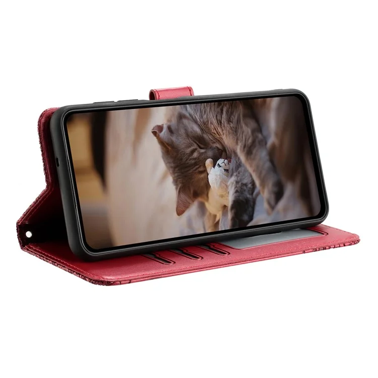 Coque pour Xiaomi Redmi Note 14 Pro 5G avec dragonne en cuir, motif chats sur le mur - Rouge