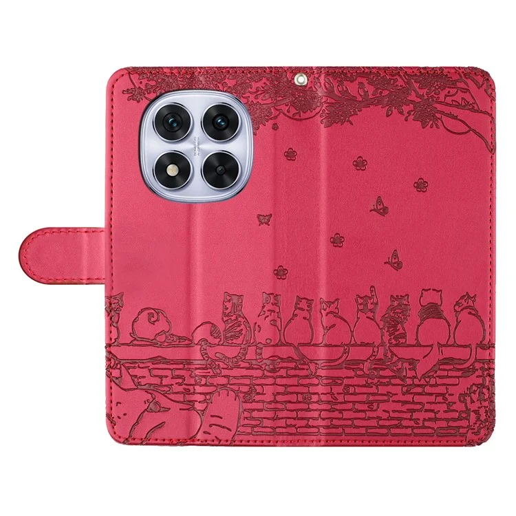 Coque pour Xiaomi Redmi Note 14 Pro 5G avec dragonne en cuir, motif chats sur le mur - Rouge