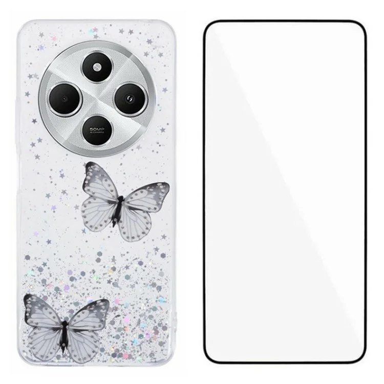 WANLONFENG AW-Serie TPU-Hülle für Xiaomi Poco C75 4G / Redmi 14R 5G / 14C 4G PVC-Schmetterling-Epoxid mit Bildschirmfolie - Weiß