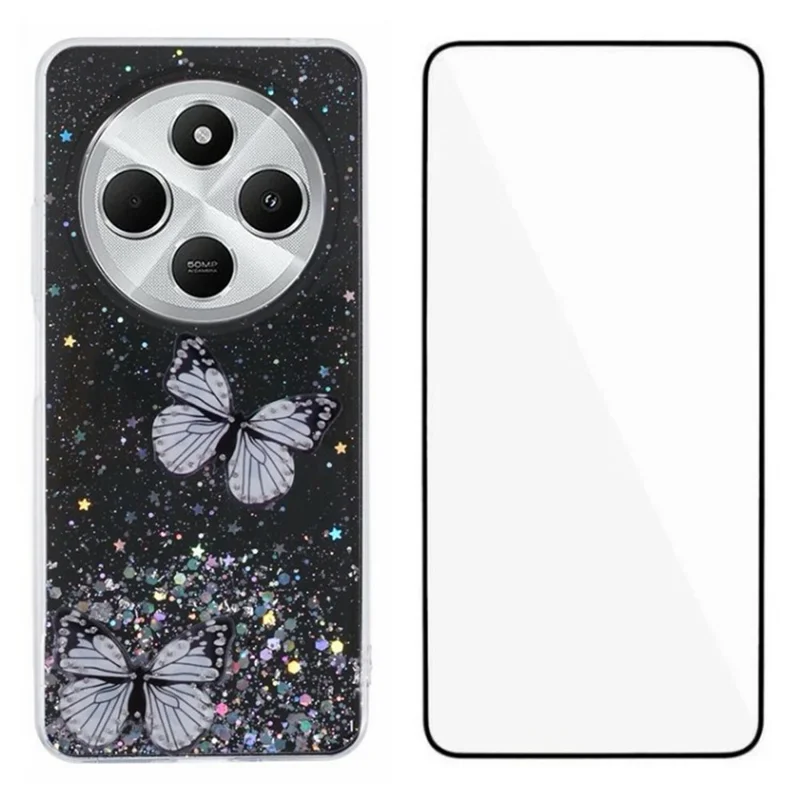 WANLONFENG AW-Serie TPU-Hülle für Xiaomi Poco C75 4G / Redmi 14R 5G / 14C 4G PVC-Schmetterling-Epoxid mit Displayfolie - Schwarz