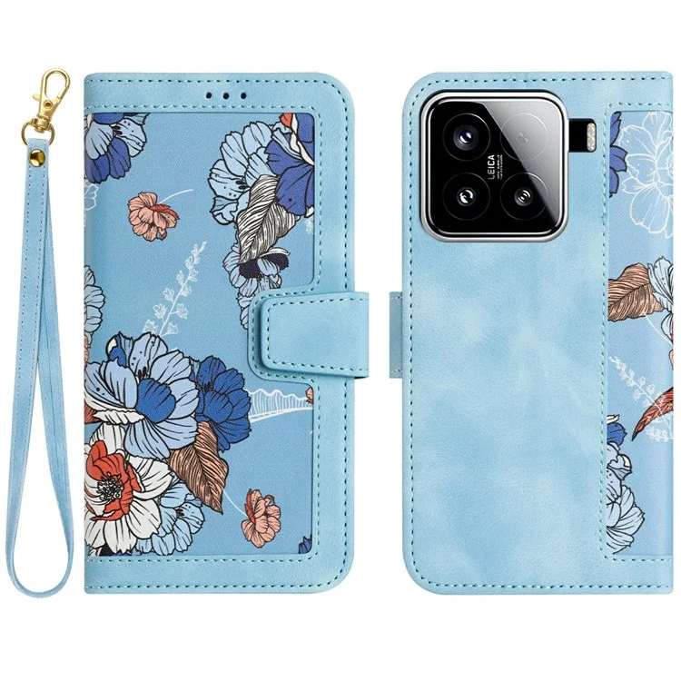Étui pour Xiaomi 15 en cuir PU avec motif floral et fentes pour cartes - Bleu bébé