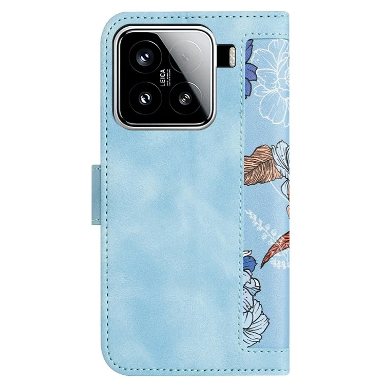 Étui pour Xiaomi 15 en cuir PU avec motif floral et fentes pour cartes - Bleu bébé