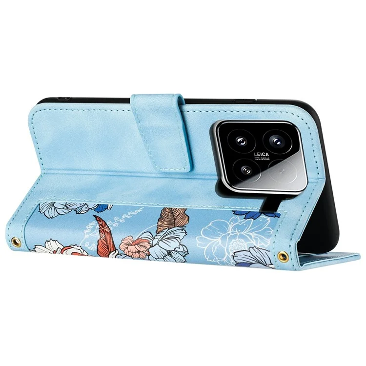 Étui pour Xiaomi 15 en cuir PU avec motif floral et fentes pour cartes - Bleu bébé