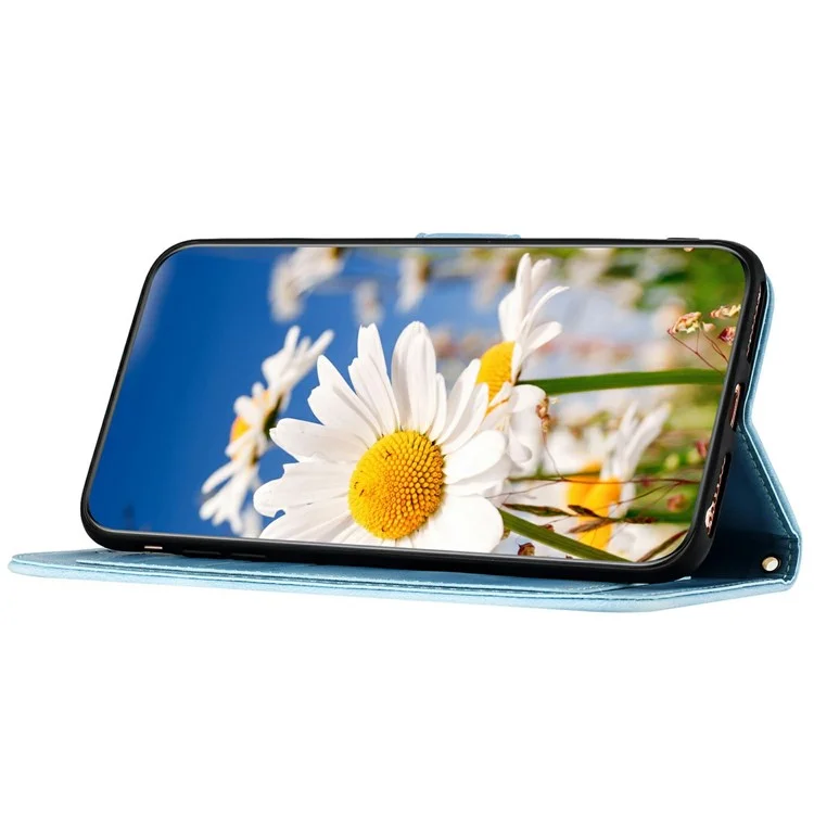 Étui pour Xiaomi 15 en cuir PU avec motif floral et fentes pour cartes - Bleu bébé