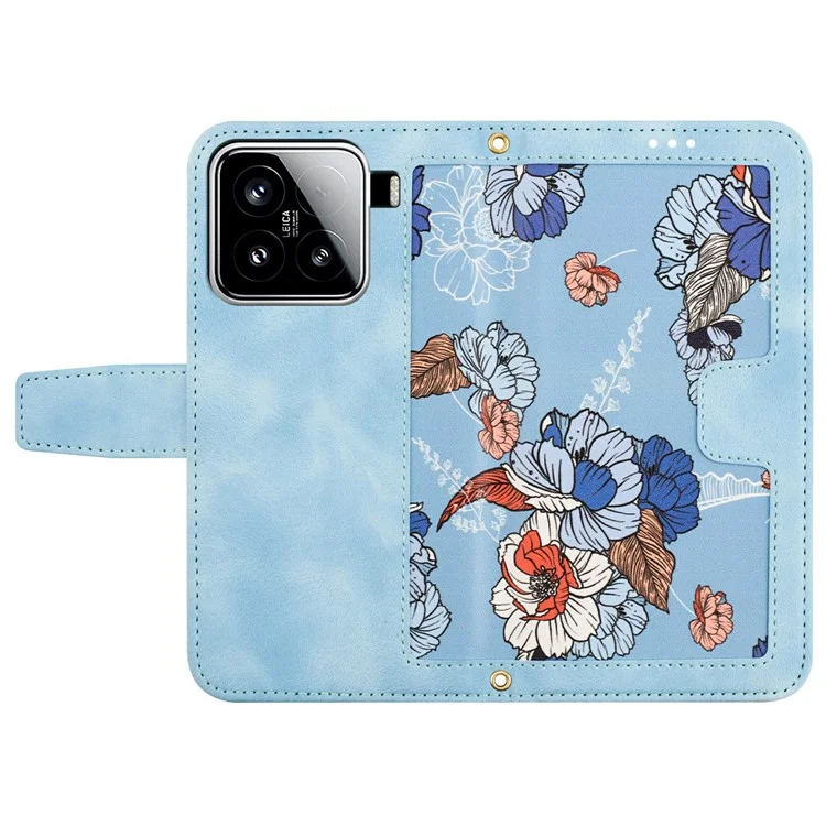 Étui pour Xiaomi 15 en cuir PU avec motif floral et fentes pour cartes - Bleu bébé