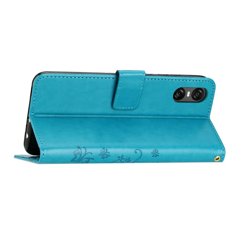 For Sony Xperia 5 VI Leather Wallet Case Butterfly Flower Imprinted Phone Cover with Strap - Blue
