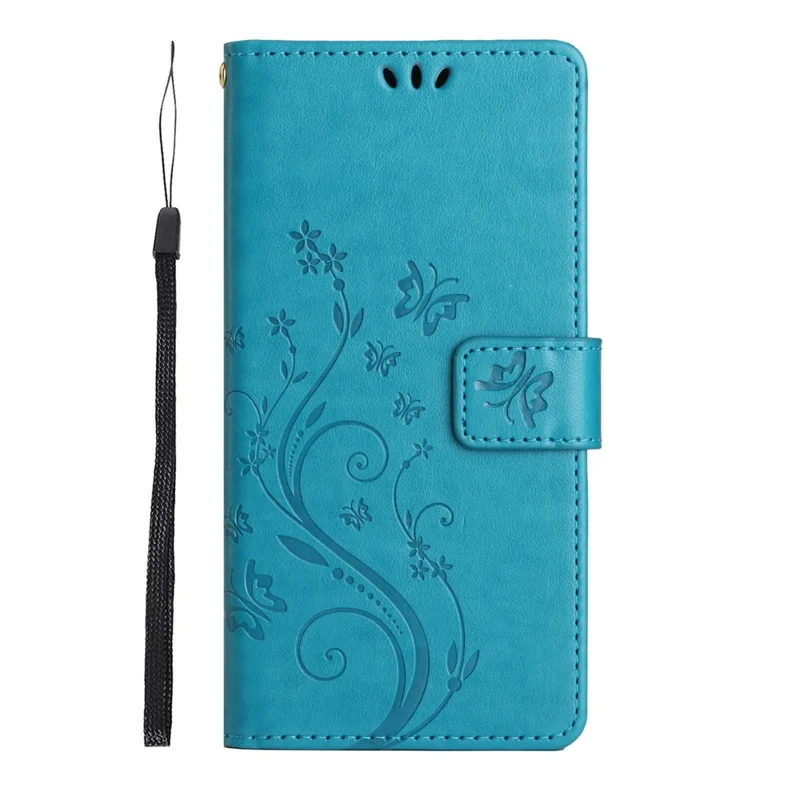 For Sony Xperia 5 VI Leather Wallet Case Butterfly Flower Imprinted Phone Cover with Strap - Blue