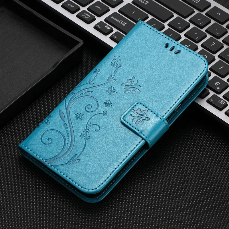 For Sony Xperia 5 VI Leather Wallet Case Butterfly Flower Imprinted Phone Cover with Strap - Blue