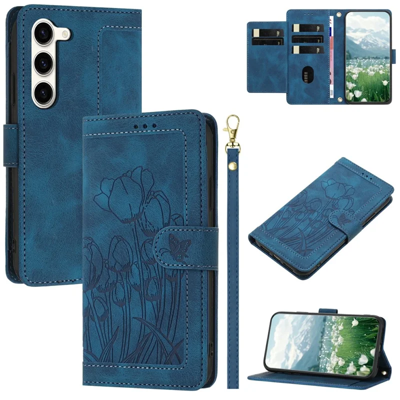 For Samsung Galaxy S23+ Case Tulip Leather Phone Cover with 5 Card Slots Wallet - Blue