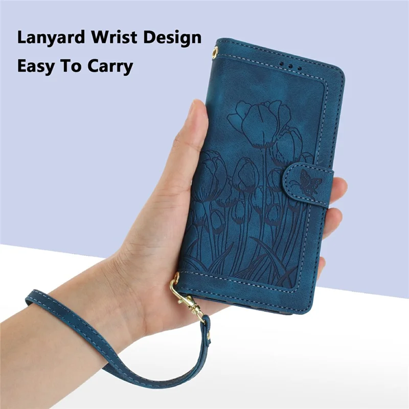 For Samsung Galaxy S23+ Case Tulip Leather Phone Cover with 5 Card Slots Wallet - Blue