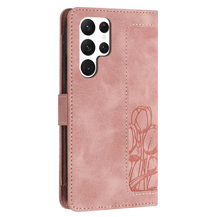 Capa para Samsung Galaxy S23 Ultra Tulipa de couro com 5 slots para cartões e carteira - Rosa
