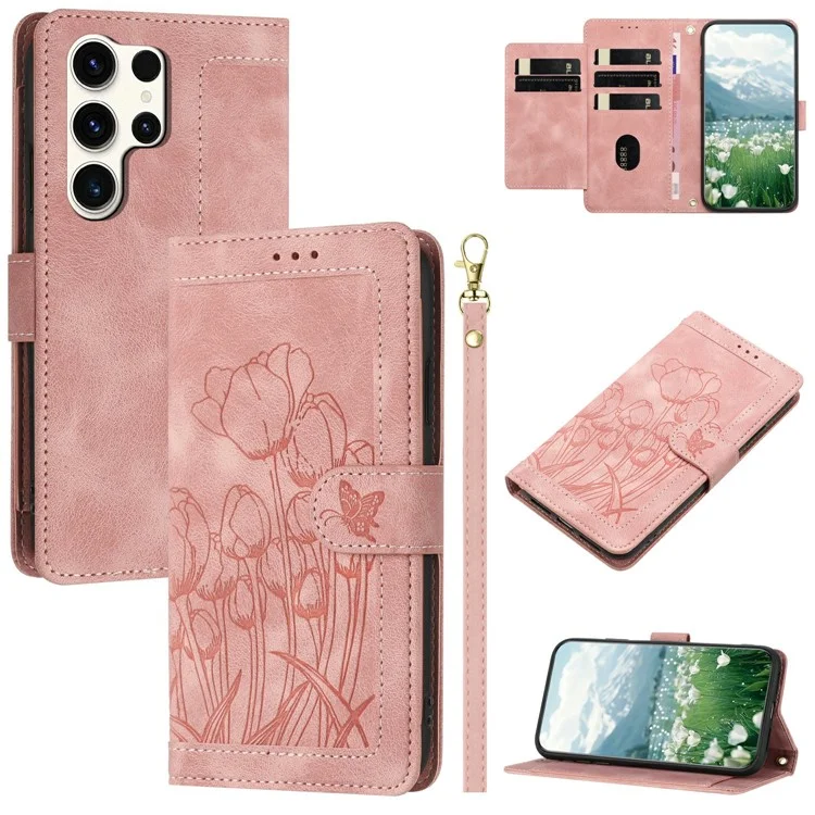 For Samsung Galaxy S24 Ultra Case Tulip Leather Phone Cover with 5 Card Slots Wallet - Pink