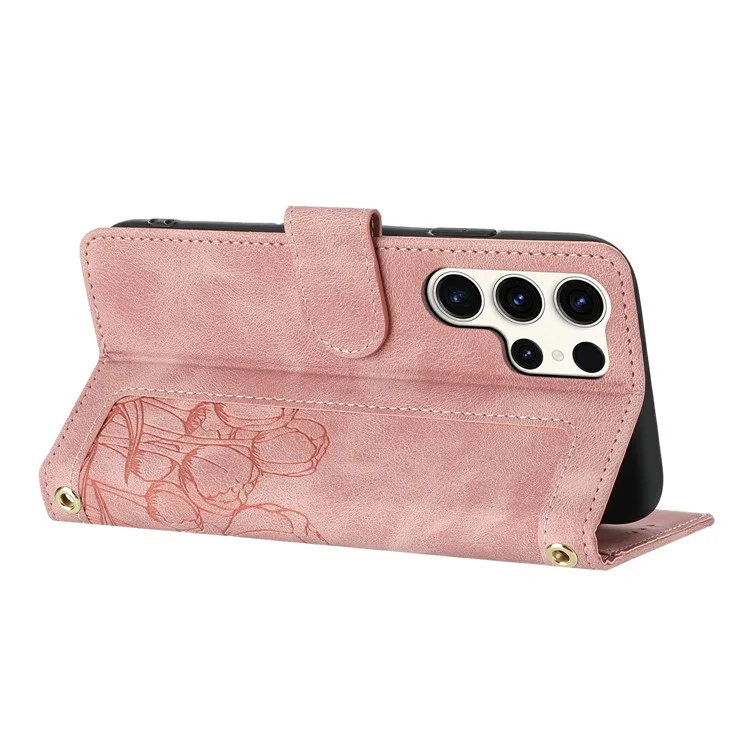 For Samsung Galaxy S24 Ultra Case Tulip Leather Phone Cover with 5 Card Slots Wallet - Pink