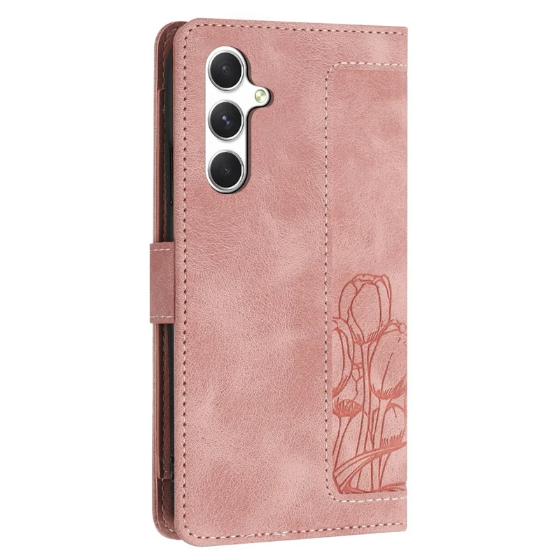 Coque pour Samsung Galaxy S25 en cuir de tulipe avec 5 fentes pour cartes et porte-monnaie - Rose