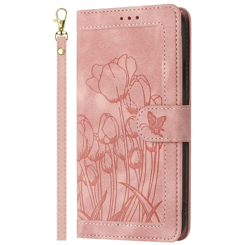Coque pour Samsung Galaxy S25 en cuir de tulipe avec 5 fentes pour cartes et porte-monnaie - Rose