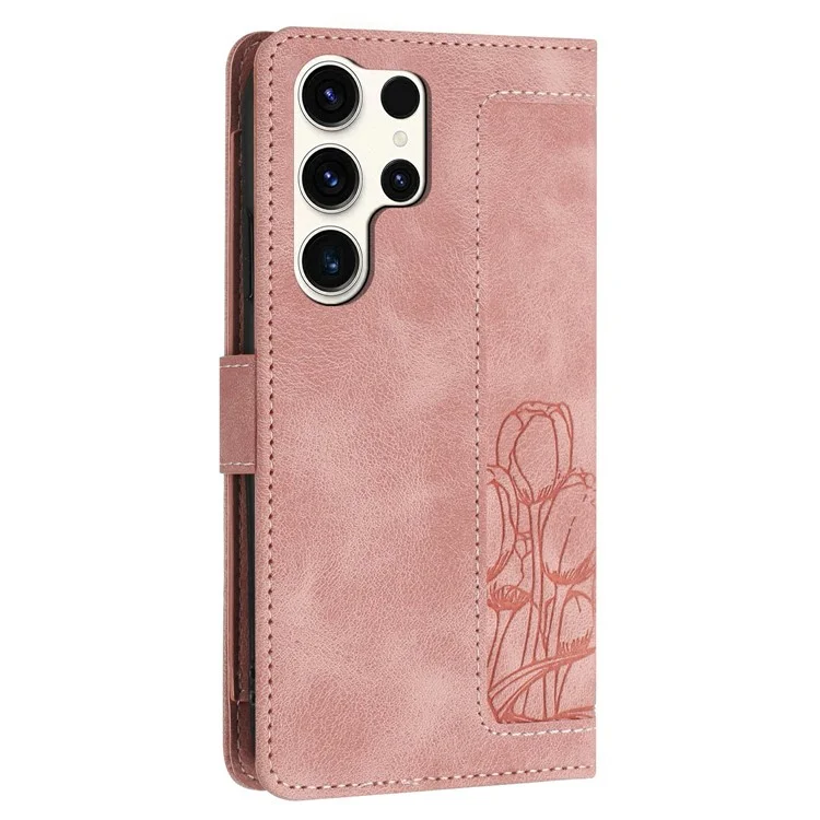 Étui pour Samsung Galaxy S25 Ultra en cuir motif tulipe avec 5 fentes pour cartes et porte-monnaie - Rose