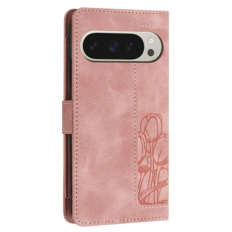 Capa para Google Pixel 9 Pro XL Tulipa Couro Capa de telefone com 5 compartimentos para cartão Carteira - Rosa