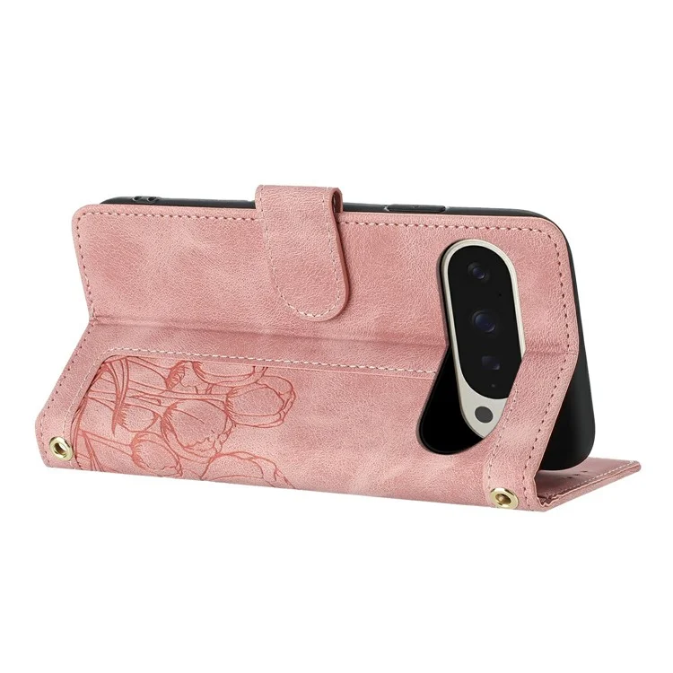 Capa para Google Pixel 9 Pro XL Tulipa Couro Capa de telefone com 5 compartimentos para cartão Carteira - Rosa