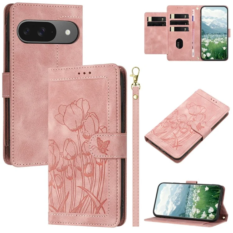 Für Google Pixel 9 Pro / Pixel 9 Hülle Tulpen-Leder-Telefonhülle mit 5 Kartenfächern Geldbörse - Pink