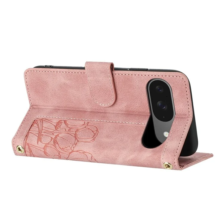 Für Google Pixel 9 Pro / Pixel 9 Hülle Tulpen-Leder-Telefonhülle mit 5 Kartenfächern Geldbörse - Pink