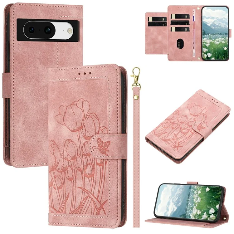 Custodia per Google Pixel 8a in pelle con tulipano, con 5 slot per schede e portafoglio - Rosa