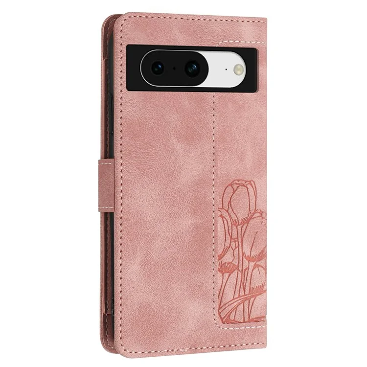 Custodia per Google Pixel 8a in pelle con tulipano, con 5 slot per schede e portafoglio - Rosa