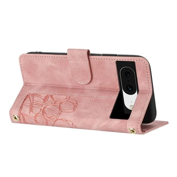 Custodia per Google Pixel 8a in pelle con tulipano, con 5 slot per schede e portafoglio - Rosa