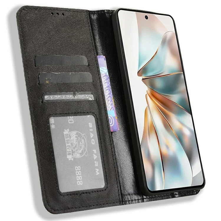 Für ZTE nubia Z60S Pro 5G Lederetui Geldbörse Ständer Retro Textur Handyhülle - Schwarz