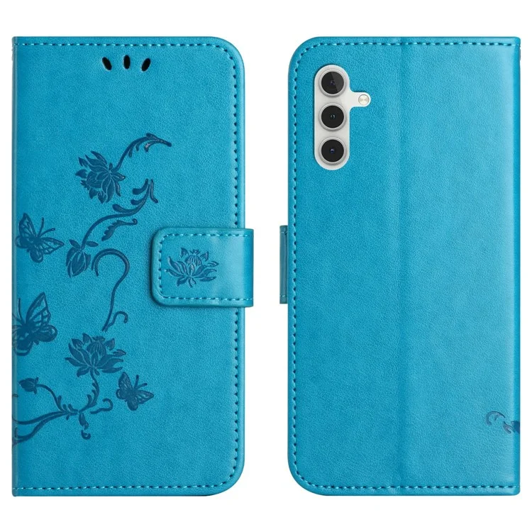 Funda tipo cartera para Samsung Galaxy A26 5G con tapa de cuero PU con estampado de mariposa y flor - Azul
