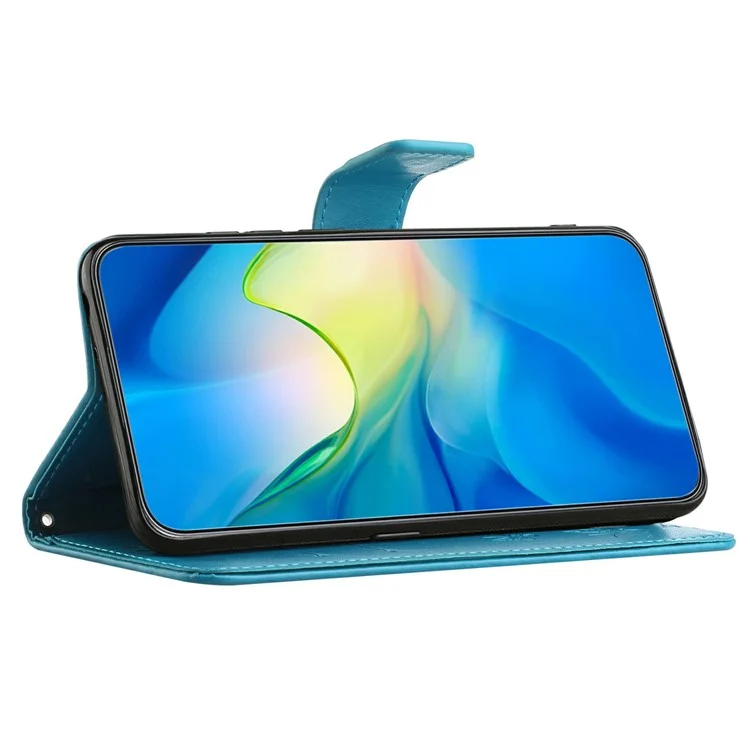 Funda tipo cartera para Samsung Galaxy A26 5G con tapa de cuero PU con estampado de mariposa y flor - Azul