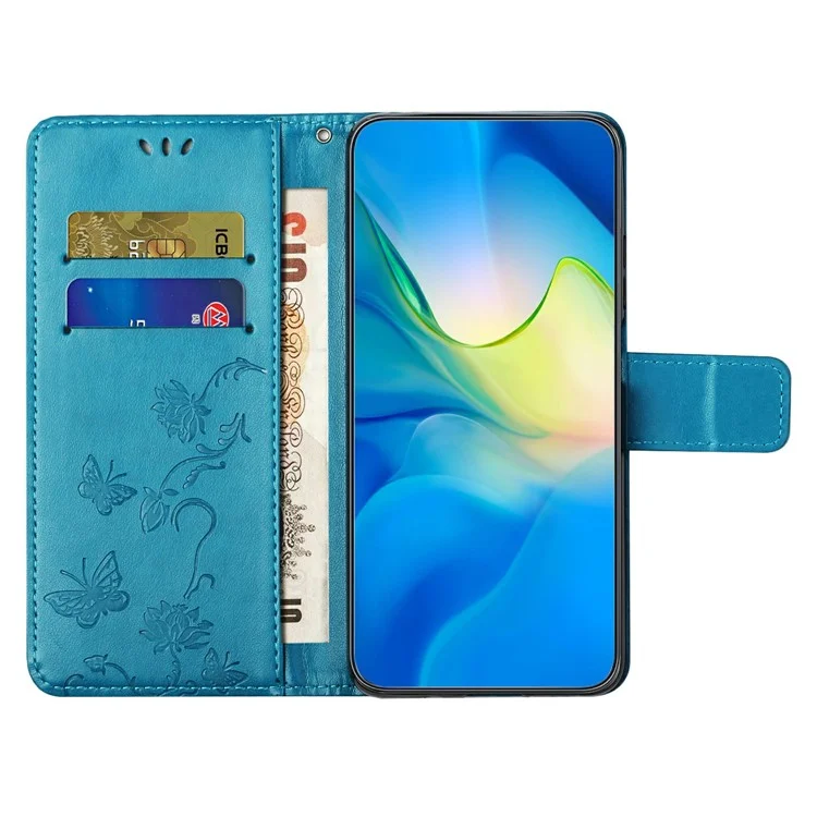 Funda tipo cartera para Samsung Galaxy A26 5G con tapa de cuero PU con estampado de mariposa y flor - Azul