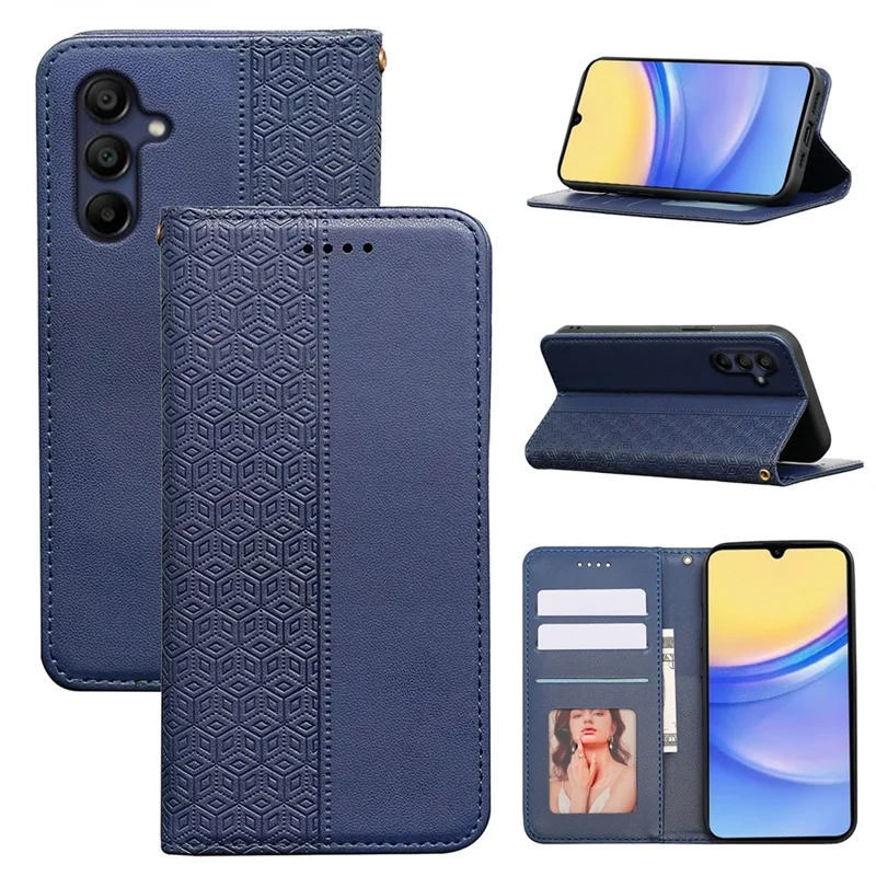 For Samsung Galaxy A36 5G / A56 5G Wallet Phone Case Checkered Pattern Imprint Leather Flip Cover with Wrist Strap - Blue