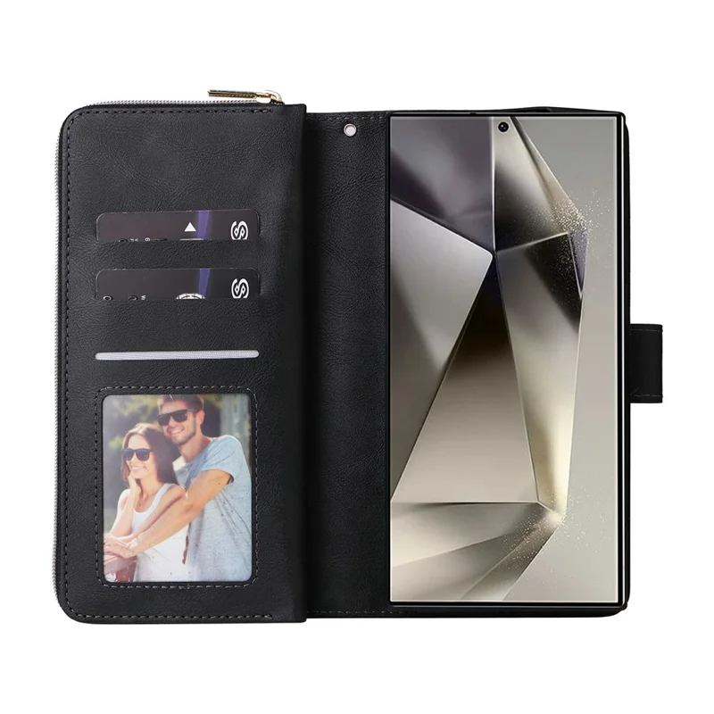 For Samsung Galaxy S25 Ultra Case Zipper Pocket PU Leather Phone Cover with Hand Strap - Black - 2